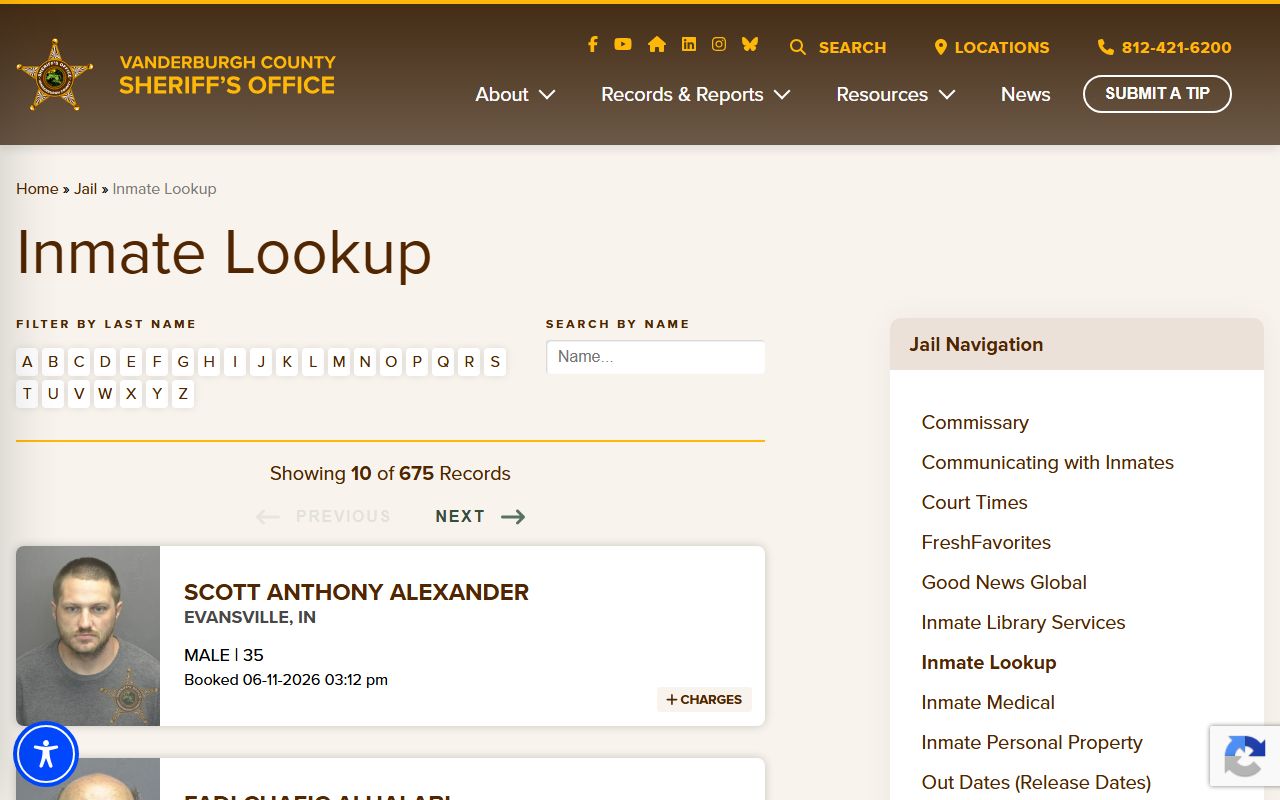 Vanderburgh County inmate lookup page for jail roster search