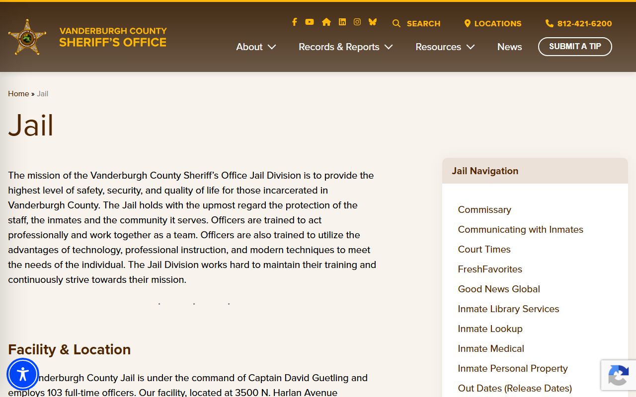 Vanderburgh County Jail inmate lookup facility overview