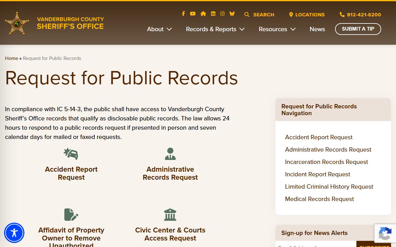 Vanderburgh County jail mugshots public records request options