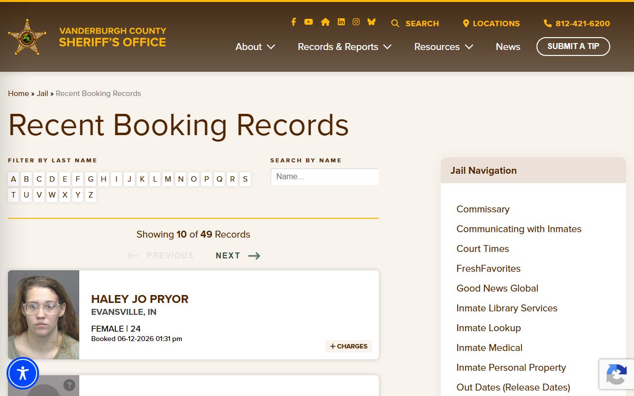 Vanderburgh County jail mugshots recent bookings feed