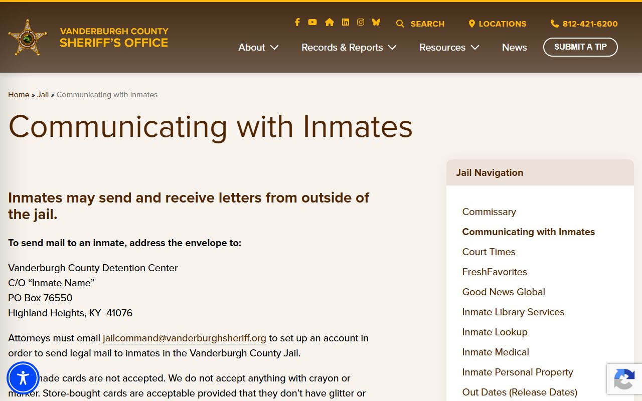 Vanderburgh County Jail inmate mail rules and legal mail instructions