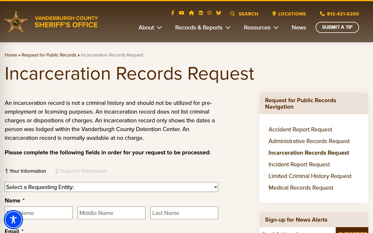 Vanderburgh County inmate records incarceration request form