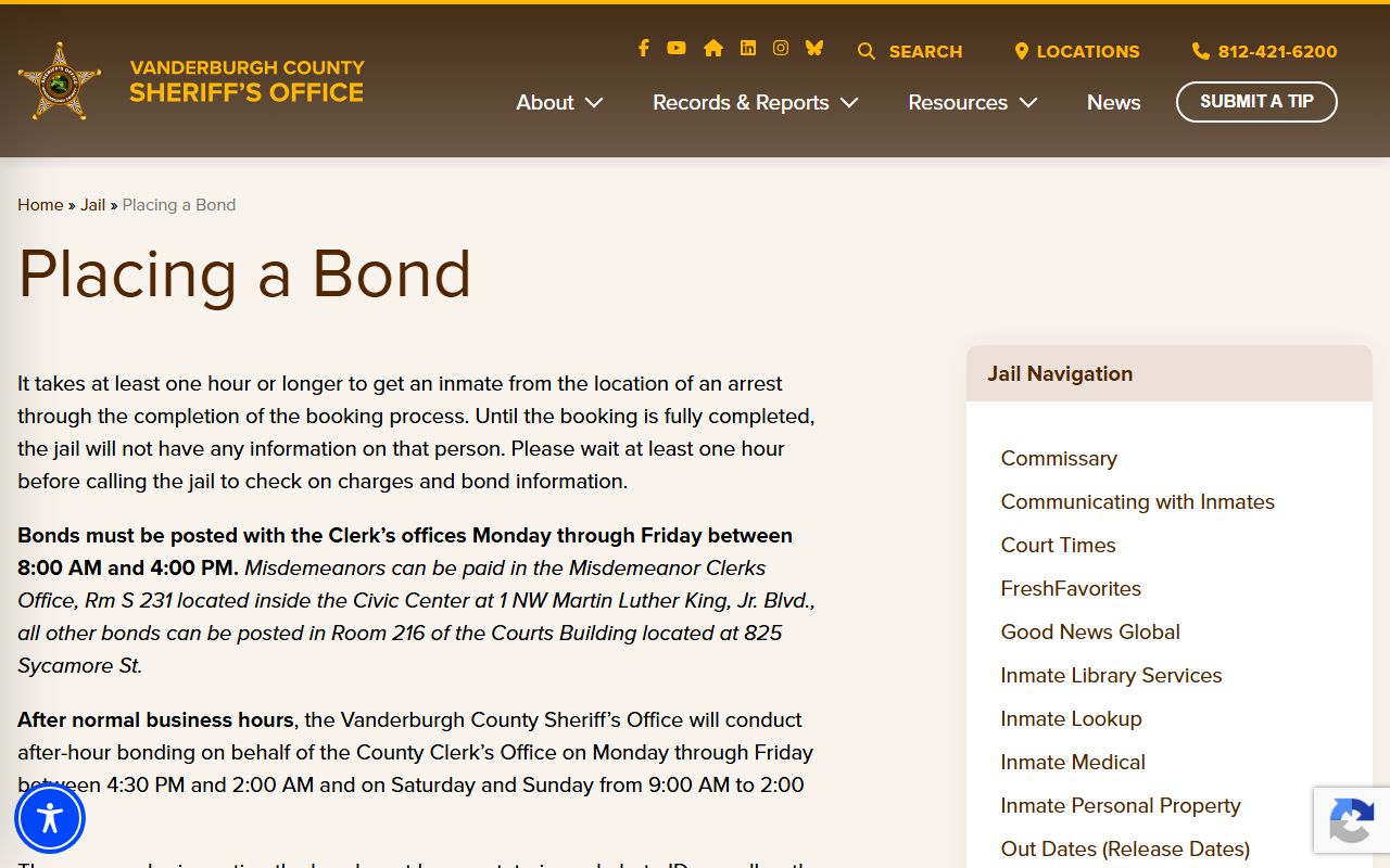 Vanderburgh County inmate records bond posting instructions